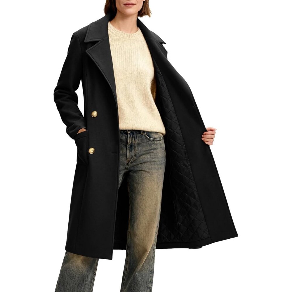 Women's Black Winter Double-breasted Long Overcoat Classic Casual Trench Coat - Picture 5 of 7